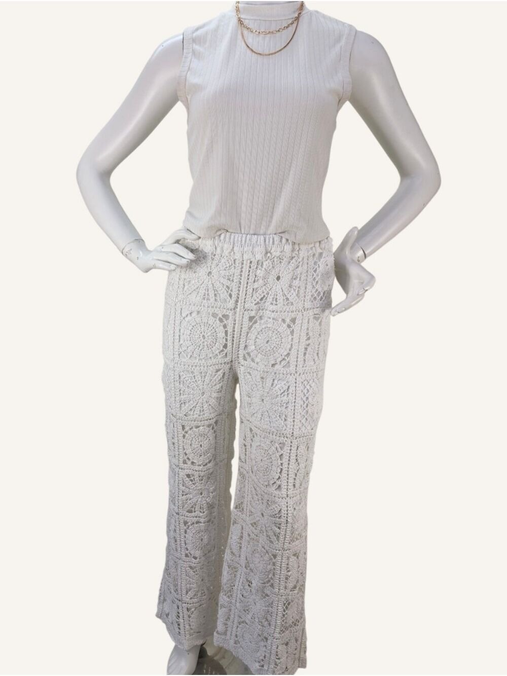 POL Noa Crochet Pants Cloud White Wide Leg Boho Resort Cover Up OS NWT